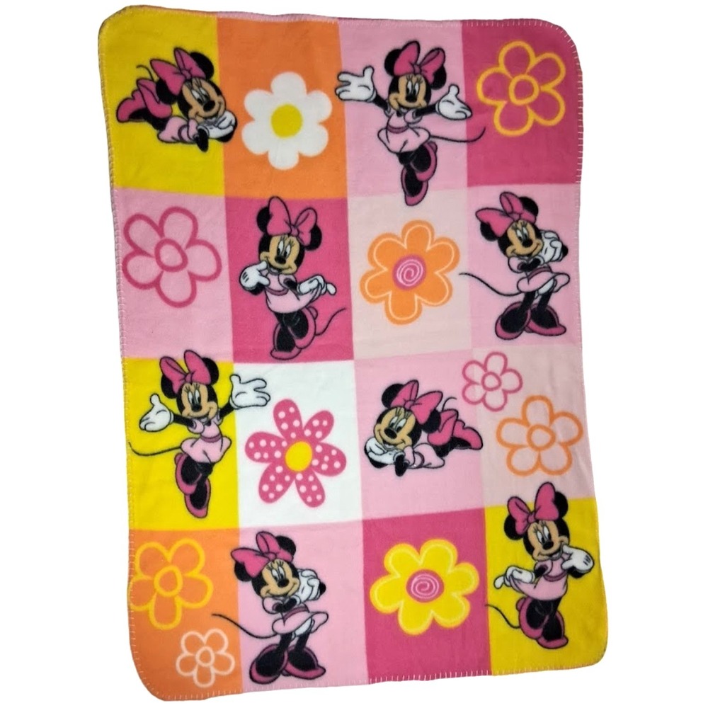 Disney Baby Pink Yellow Orange Minnie‎ Mouse Fleece Blanket Thin Flower NEW